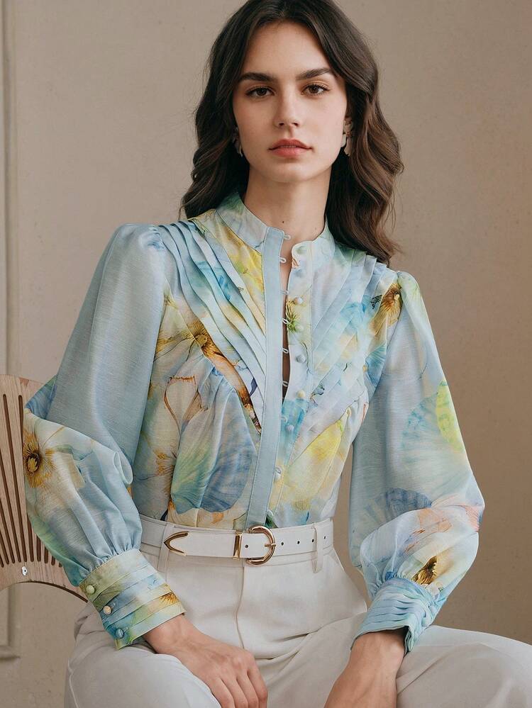 Spring/Summer New Light Blue Fresh Shell & Floral Print Collar Ruffle Long Sleeve Women Shirt
