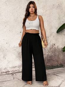 EMERY ROSE Women Summer Plus Size Side Pocket Wide Leg Pants,Black Smart Casual Holiday Loose Trousers,Suitable For Spring,Sommar And Autumn Business Fall - Black - View 8