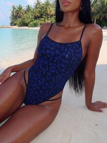 Zestiva 性感连体泳衣，金属豹纹印花面料，交叉后背绑带，春夏海滩度假性感女士连体泳衣，蓝色猎豹泳衣，Y2K泳衣，豹纹泳衣，女士性感连体泳衣，女士泳装，女士连体泳衣，女士泳装，女士连体泳衣 - 彩色 - 查看 2