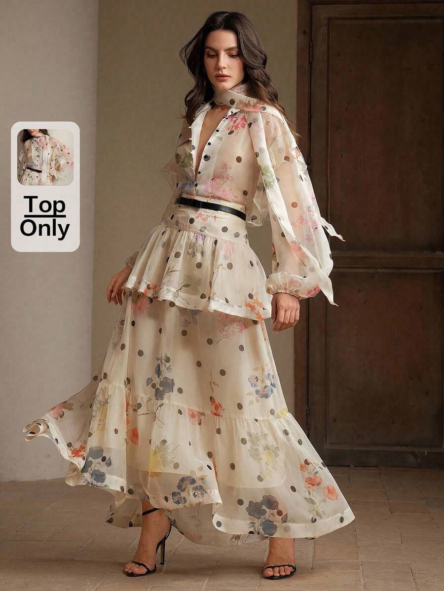 Anewsta Áo kiểu nữ thanh lịch, phù hợp cho công sở, họa tiết chấm bi và hoa, tay bồng kiểu đèn lồng. - Màu be - Xem 1