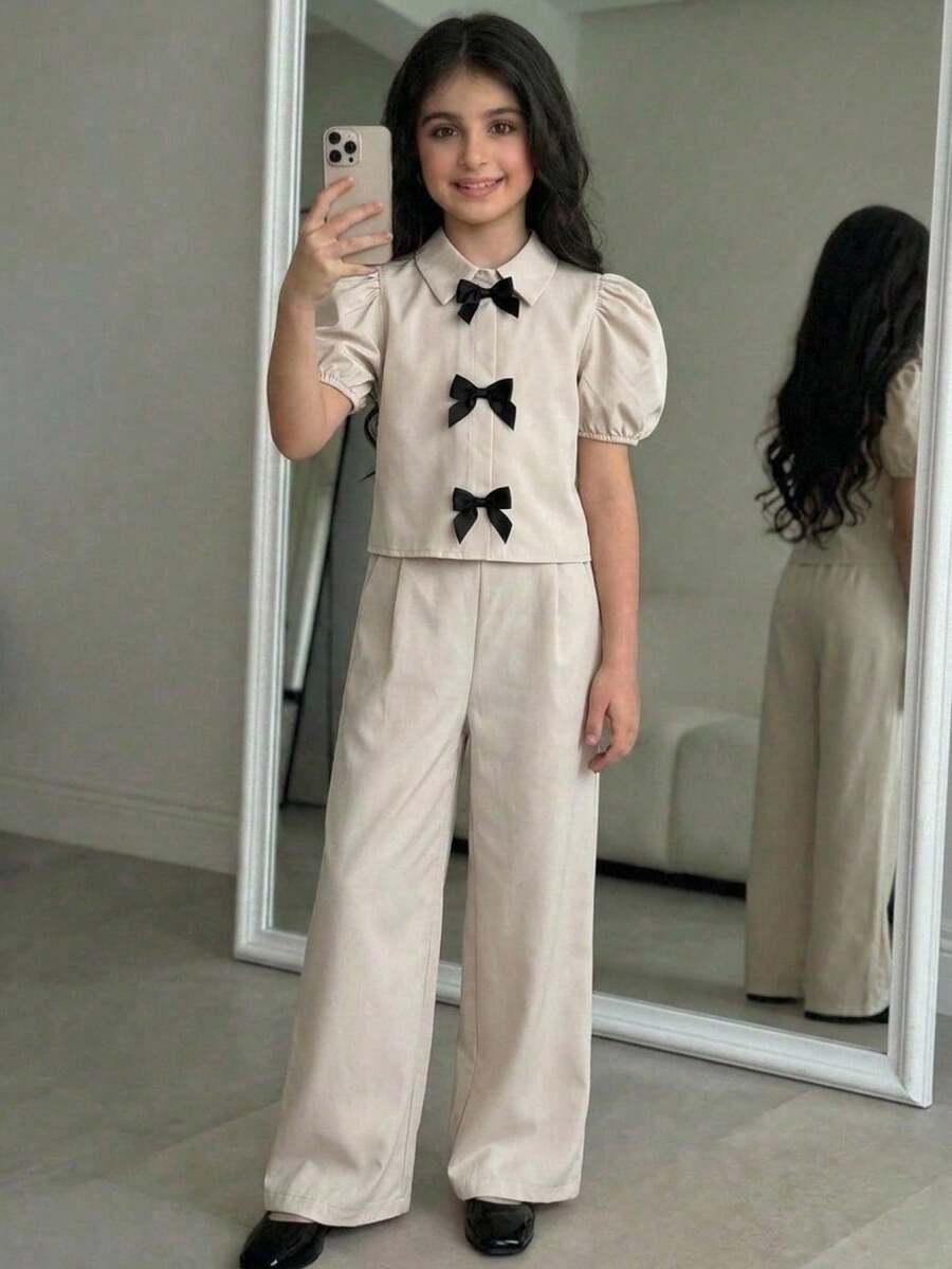 少女休闲时尚翻领泡泡袖上衣和裤子套装，杏色和卡其色撞色蝴蝶结装饰套装 - 杏色 - 查看 1