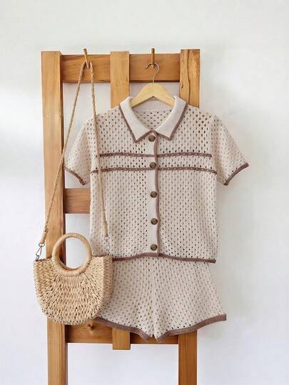 GlowEve New European And American Fashion Casual Resort Mixed Color Knit Sweater Top And Shorts Set