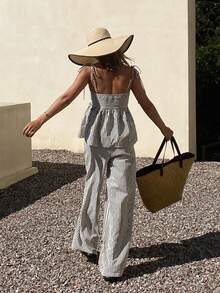 DAZY 两件套女士系带条纹衬衫和宽松休闲裤套装 - 灰色 - 查看 2