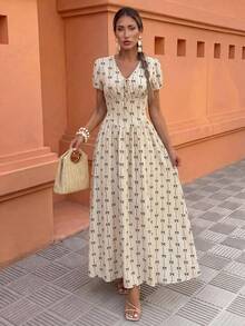 Flora Isola Flora Isola 优雅女士夏季优雅松紧腰泡泡袖女士长裙、长裙。适合春夏季、演唱会女装，优雅适合日常通勤、音乐节、节日穿着 - 杏色 - 查看 3