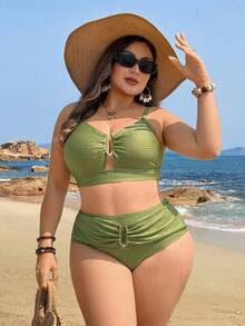 Swim Lushoire Conjunto de bikini de 2 piezas talla grande 2026 de tela verde oliva con cuello de escote y diseño de tirantes ajustables para mujeres, adecuado para verano, playa y vacaciones - Verde Oliva - Ver 3