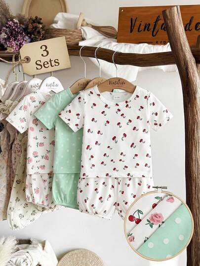 Baby Girl 2pcs/Set Round Neck Short Sleeve Ditsy Floral T-Shirt And Matching Casual Ditsy Floral Shorts, Comfortable And Fashionable Outfit For Everyday Wear