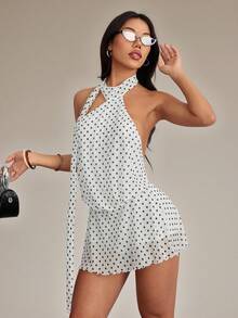 SHEIN PETITE Women's White Polka Dot Black And White Mesh Holiday Mini Dress Suitable For Summer,Boho Clothes Women - White - View 5