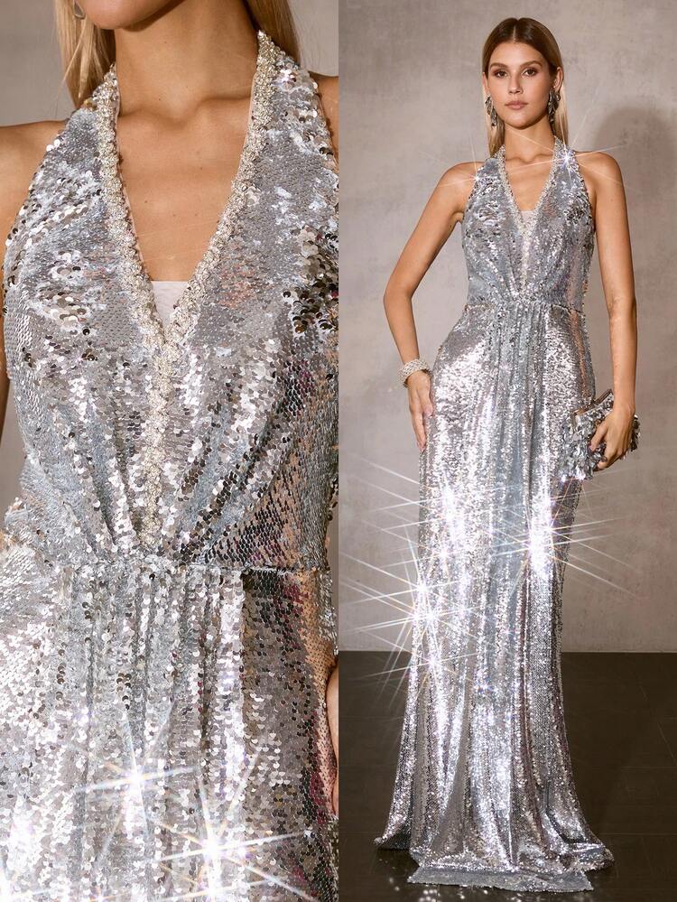 MOTF Soiréza CONTRAST SEQUIN HALTER COCKTAIL DRESS