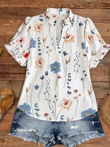 SHEIN LUNE Plus Size Women's Summer White Boho Floral Print Puff Sleeve V-Neck Blouse,Casual Short Sleeve Top For Vacation,Holiday,Bachelorette Party & Daily - White - View 9