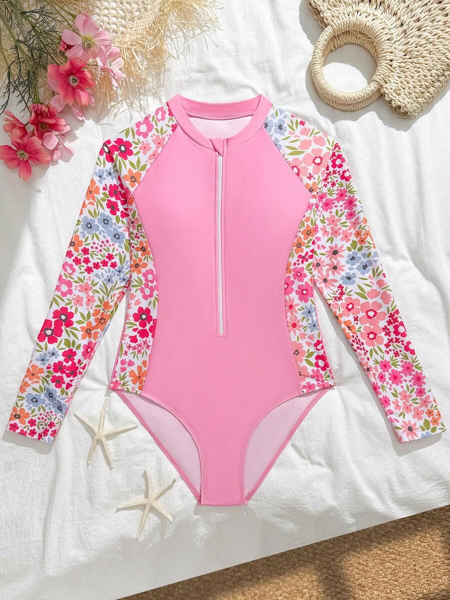SHEIN Colorful Ditsy Floral Long Sleeve One-Piece Swimsuit, Fashionable, Casual, Elegant, Suitable For Swimming And Summer Vacation Beach - Pink - View 1