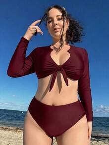 Swim Vcay 大码女式夏季沙滩纯色长袖上衣和三角比基尼泳裤套装 - 酒紅色 - 查看 4