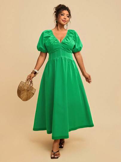 Travachic Plus Size Women's V-Neck Petal Sleeve Cinched Waist A-Line Solid Green Dress, Spring/Summer Beach Holiday Dress Women Vacation Dresses Summer Outfit For Women Vacation Sundress Long Dresses For Women Beach Vacation Outfits For Women Holiday