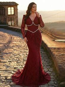 Aureia 大码优雅性感红色V领泡泡袖薄纱蕾丝拼接褶皱腰身水钻装饰鱼尾裙摆正式礼服（重工装饰设计）大码酒红色连衣裙 大码束身连衣裙 红色曲线连衣裙 大码婚纱 大码魅力连衣裙 女士正式礼服 大码晚礼服 女士奢华连衣裙 - 紅色 - 查看 9