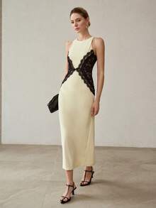 MOTF PREMIUM FITTED LACE SPLICE COLOR BLOCK LONG DRESS, AUTUMN/WINTER - Light Yellow - View 4