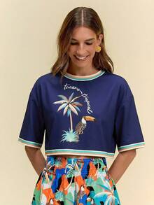 CAJUNI Áo thun nữ dáng ngắn in chữ hình cây cọ, thích hợp cho kỳ nghỉ. - Xanh đậm - Xem 6