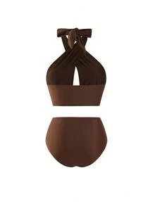 Swim Oasis Bộ đồ bơi bikini cạp cao và áo hở vai dáng chữ thập màu cà phê cỡ lớn dành cho nữ, kết hợp với váy maxi lưới họa tiết, kỳ nghỉ hè ở bãi biển - Màu nâu  Mocha - Xem 5
