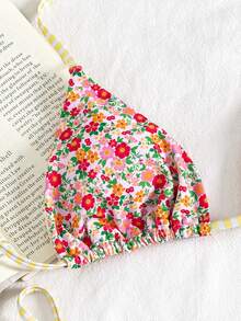 Swim Mod Biquíni de duas peças com estampa floral e listras em contraste, perfeito para férias de primavera/verão na praia, em estilo campestre francês. - Multicolorido - Ver 3