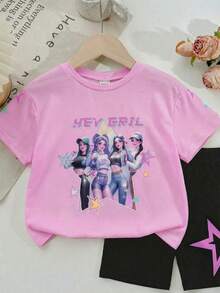 SHEIN Cute Young Girls Multicolor Graphic Print Drop Shoulder Short Sleeve Tee And Bermuda Shorts Set - Multicolor - View 3