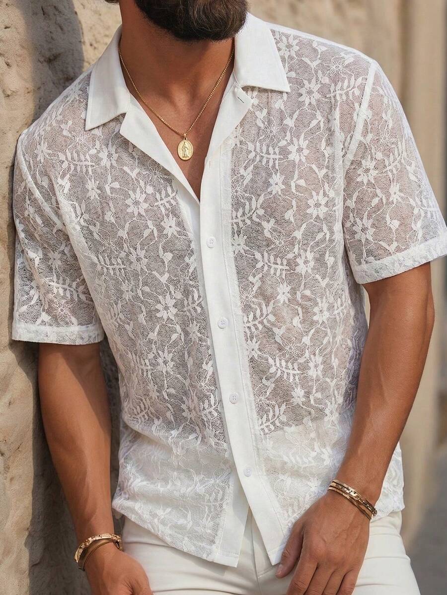 VENTUSAIL 男士白色针织蕾丝提花休闲度假短袖衬衫