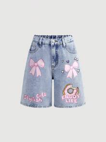 SHEIN Girlism Tween Girls Fashion Casual Y2k Vintage Cool Street Pink Bow-Shaped Doughnut Pattern Blue Loose-Fitting Short Denim Pants Jeans For Kids Clothes Tween Girls Dailywear And Kids Spring To Summer Rave Outfits Festival And Outfits Streetwear Clothes - Blue - View 1