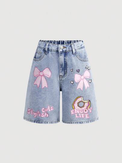 SHEIN Girlism Tween Girls Fashion Casual Y2k Vintage Cool Street Pink Bow-Shaped Doughnut Pattern Blue Loose-Fitting Short Denim Pants Jeans For Kids Clothes Tween Girls Dailywear And Kids Spring To Summer Rave Outfits Festival And Outfits Streetwear Clothes
