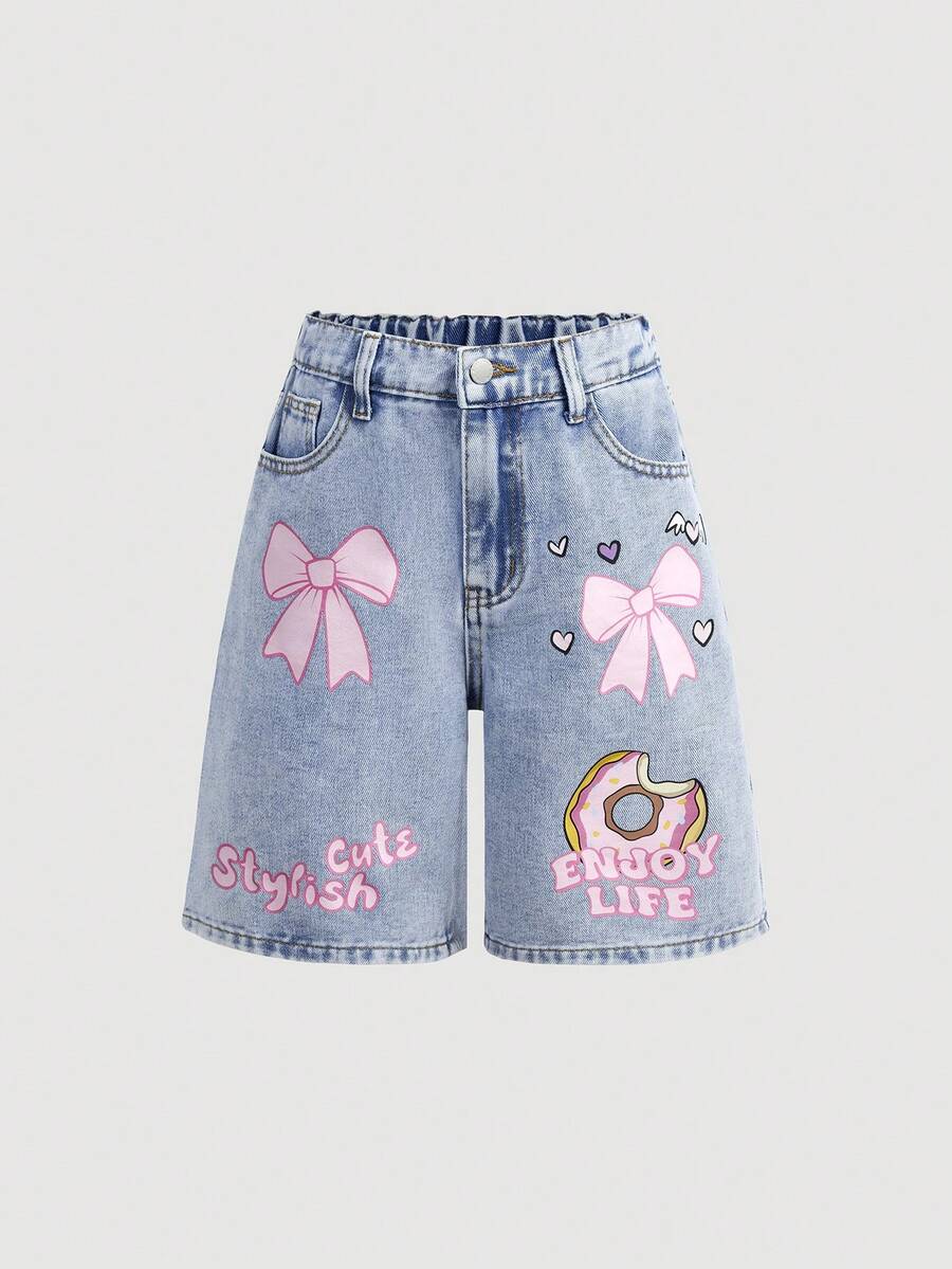 SHEIN Girlism Tween Girls Fashion Casual Y2k Vintage Cool Street Pink Bow-Shaped Doughnut Pattern Blue Loose-Fitting Short Denim Pants Jeans For Kids Clothes Tween Girls Dailywear And Kids Spring To Summer Rave Outfits Festival And Outfits Streetwear Clothes - Blue - View 1