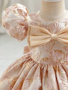 Glamorique Kids 女童碎花花瓣袖连衣裙，饰有蝴蝶结，优雅公主风花童礼服，适合婚礼及其他场合 - 粉色 - 查看 3