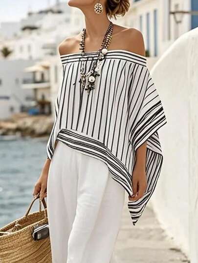 Breezaya Áo khoác ngoài dáng rộng tay ngắn trễ vai in họa tiết kẻ sọc, áo sơ mi kẻ sọc, áo che nắng đi biển cho nữ, mùa hè