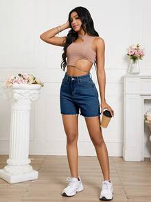 Rivivi Summer Vacation Casual Chic Y2K High Waist Frayed Hem Dark Wash Denim Daily Wear Going Out Women's Jean Shorts - Dark Wash - View 4