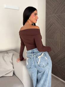 Marta Soriano Women's Elegant Minimalist Chic Fashion Asymmetric Neck Draped Long Sleeve Cropped White Top, Suitable For Commute, Music Festival, Vacation - Coffee Brown - View 2