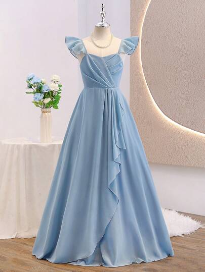 Elegant Flower Girl Dress For Graduation, Wedding, Ball, Blue Chiffon Asymmetric Hem Ruffle Strap Maxi Dress For Big Tween Girl, Fashion Puffy Princess Dress For School Return