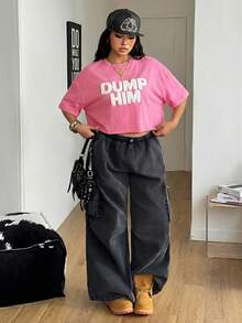 Coolane Áo thun nữ cỡ lớn thêu chữ, vai rớt, dáng rộng, tay ngắn, cổ tròn - Hồng - Xem 4