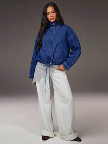 Athîral 女士休闲度假长袖立领牛仔外套 - 寶藍色 - 查看 2