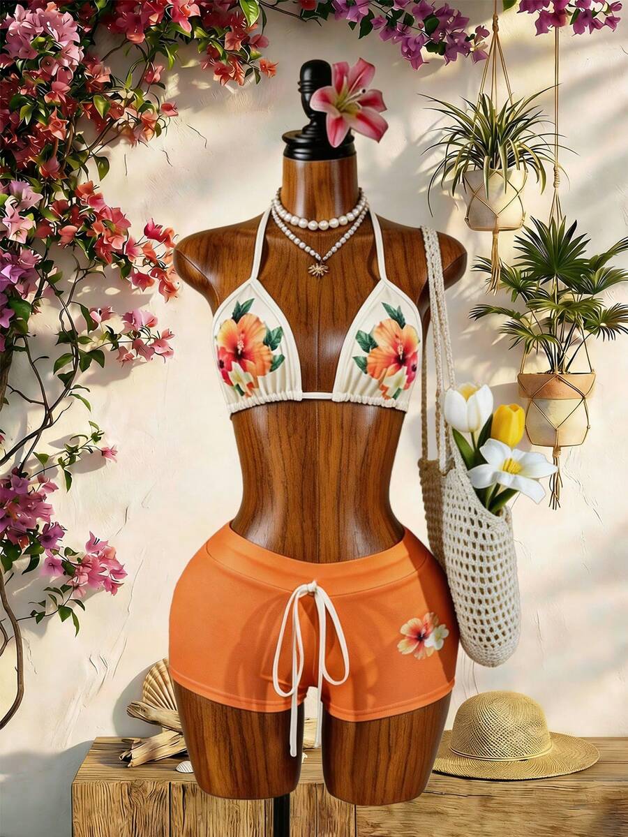 SaltGleam SaltGleam Bộ áo liền quần nữ in họa tiết buộc dây, thích hợp cho kỳ nghỉ - Nhiều màu - Xem 1