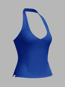 SHEIN BASICS Casual Solid Color Knit Halter Neck Top For Women/Summer Fitted Top For Women Tanktop Body Tops For Ladies Halter Tops For Women - Royal Blue - View 8