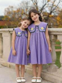SHEIN Tween Girls/Tween Girl Girls Pastoral Floral Embroidered Pattern Ruffle Collar Puff Sleeve Dress,Versatile Round Neck Trim Contrast Color - Purple - View 4