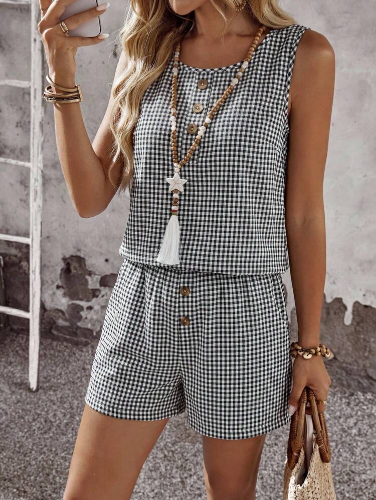 Women's Plaid Button Design Round Neck Vest And Shorts Casual 2 Pieces Set Summer Outfits For Women Casual Sets For Women Summer Set Two Piece Set For Women Short Sets For Women Matching Sets For Women Holiday Co-Ord Sets Summer Two Piece Set,Work Outfits For Women Two Piece Sets Two Piece Casual Sets Country Style For Women Two-Piece Shorts Set For Women Matching Sets For Women