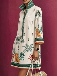 EMERY ROSE Plus Size Women's Spring/Summer Animal & Botanical Print Placement Print Short Sleeve Shirt Collar Casual Mid-Length Dress - Multicolor - View 1