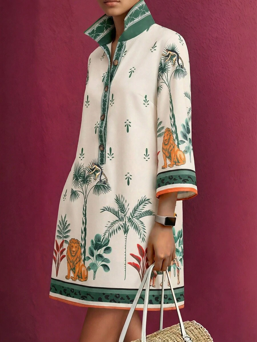 EMERY ROSE Plus Size Women's Spring/Summer Animal & Botanical Print Placement Print Short Sleeve Shirt Collar Casual Mid-Length Dress - Multicolor - View 1