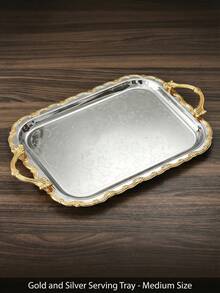Embossed Metal Tray, Decorative Vintage Style Rectangular Tray With Handle, Suitable For Holiday Party Decor, Serving Tray, Family Gathering Blessing Ceremony, Cosmetics & Jewelry Storage, Available In 3 Sizes - Multicolor - View 10