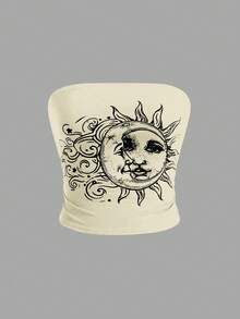 ROMWE Country Hippie Style Moon & Sun Print Ruched Bandeau Top For Women - Yellow - View 5