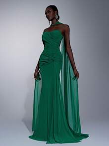 Elitara Elegante vestido de punto elástico verde con malla sin tirantes, busto fruncido, cintura retorcida, bajo asimétrico de cola de pez (colgante metálico desmontable), adecuado para citas, vacaciones, fiestas de solteros, bodas, eventos de vuelta al colegio - Verde - Ver 4