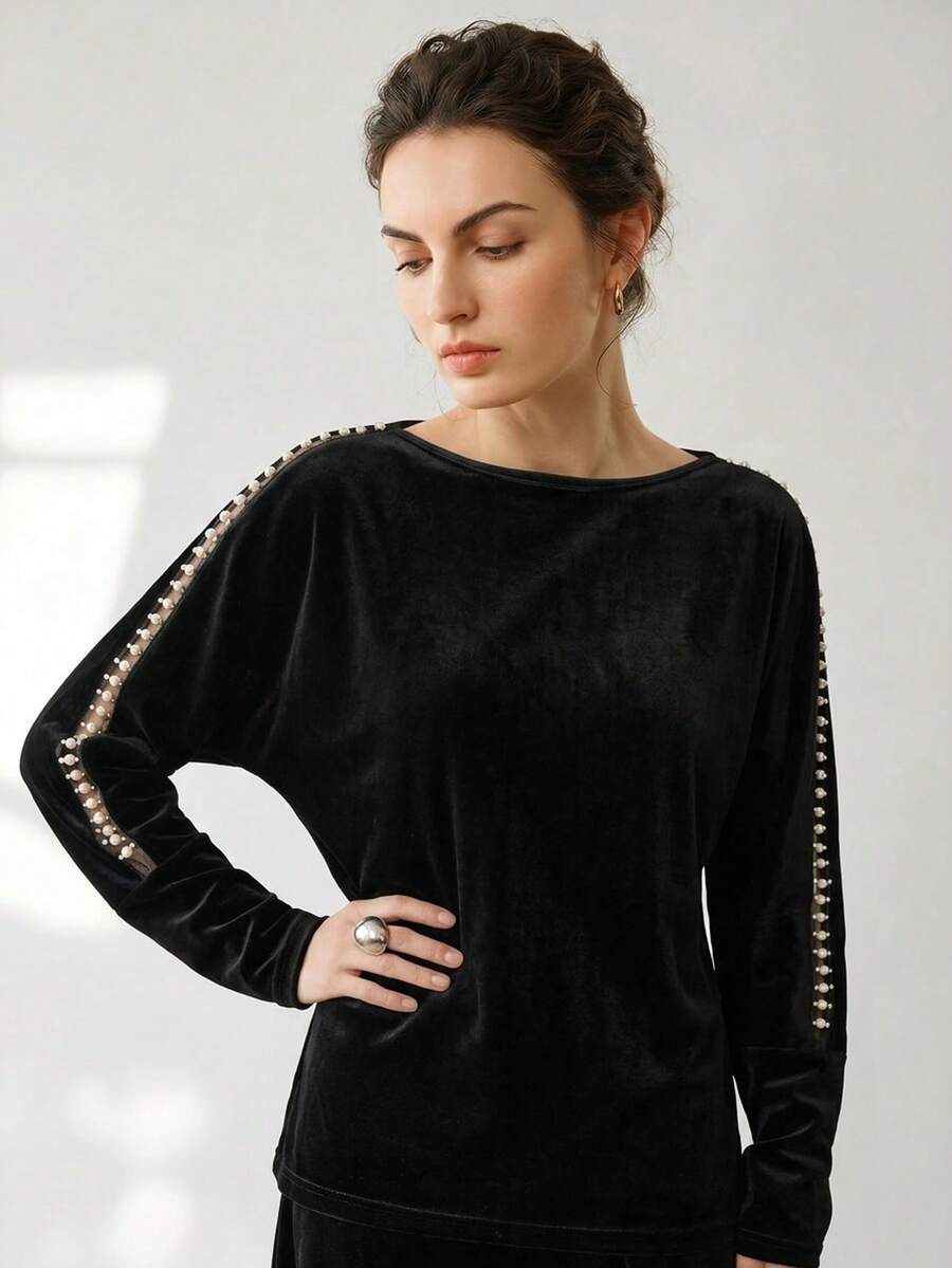 Uhlyne Uhlyne Women's Minimalist Elegant Velvet Batwing Sleeve Rhinestone Ribbon Splice T-Shirt - Black - View 1
