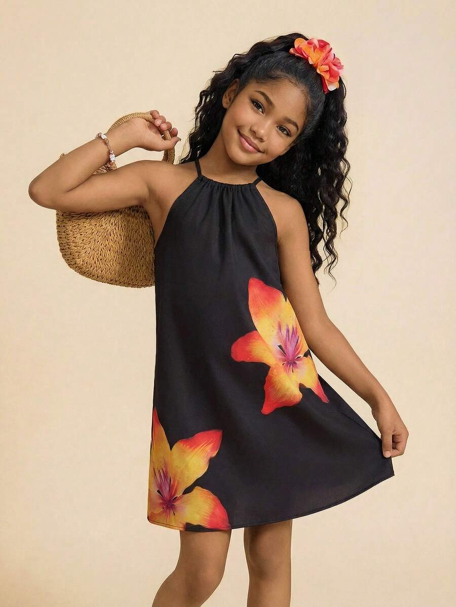 Travachic KIDS Tween女孩度假休閒黑色花卉印花掛脖洋裝 夏威夷 Lilo 扶桑花熱帶風 - 彩色 - 查看 1