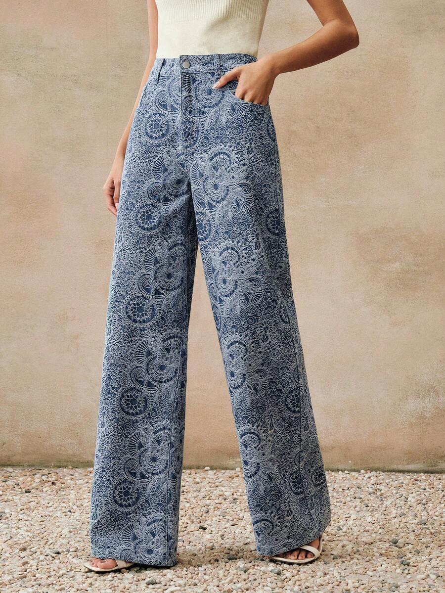 Anewsta Pantalones vaqueros de estilo de vacaciones de tela jacquard para mujer en color azul - Azul - Ver 1