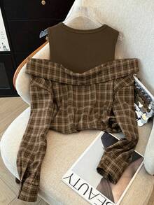 SHEIN LUNE 女士优雅复古百搭格子露肩长袖衬衫 - 卡其色 - 查看 2