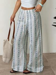 SHEIN PETITE New Romantic Striped Bubble Wrinkle Print Cute Cartoon Comfortable Versatile Pants - Green - View 6