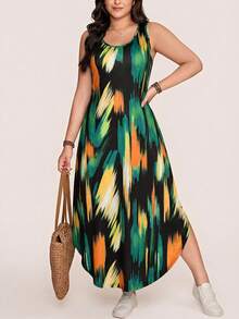 Comfylo 大码女装夏季无袖圆领抽象印花长款休闲度假波西米亚风连衣裙万圣节服装女装冬季女装复古风连衣裙 - 彩色 - 查看 6