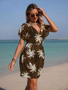 Swim Lushoire Women's Palm Tree Print V-Neck Cover-Up Dress, Vacation - Brown - View 4