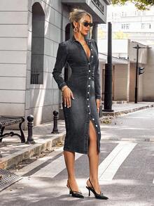 EMERY ROSE Plus Size Casual Everyday Washed Front Button Denim Dress - Black - View 6